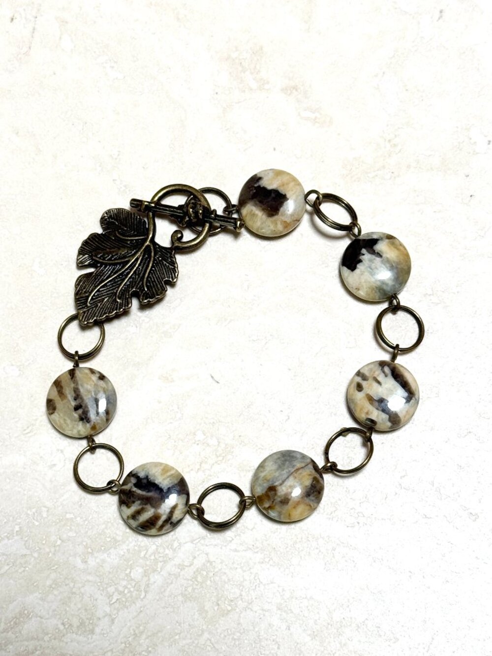 2/20, Natural Septarian Stone Bracelet, Gemstone & Bronze Grape Leaf Toggle